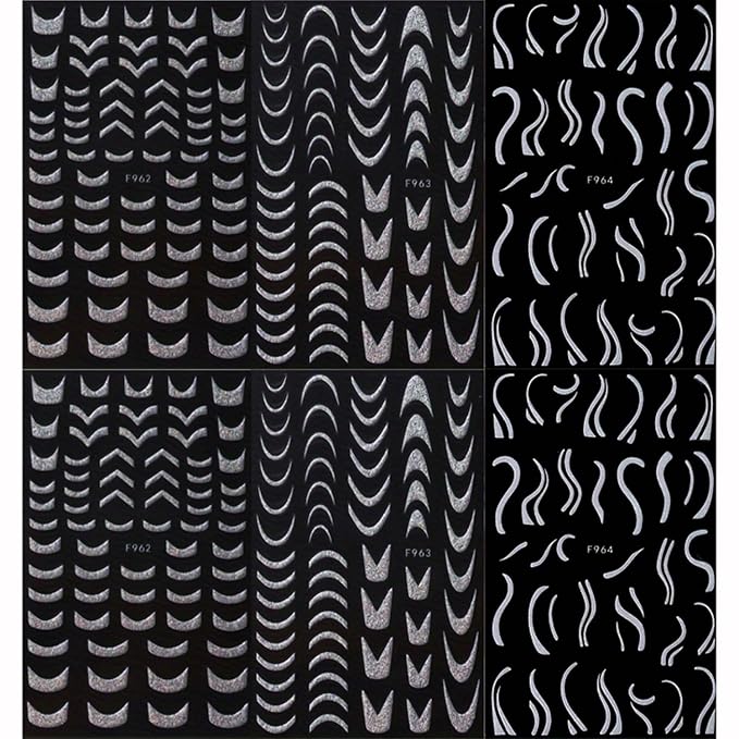6 Sheets 3D Self-Adhesive French Tip Nail Art Stickers Decals Silver Glitter Nail Stickers Sparkly Nail Decorations Decals Curved Lines Nails Art Designs for Women DIY Nail Art Accessories