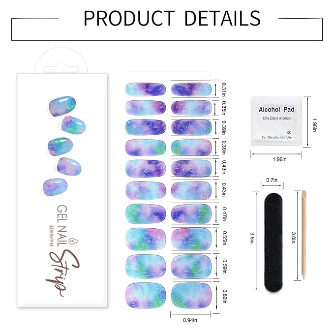 WOKOTO 1 Sheet Semi Cured Gel Nail Strips With Wood Stick, Nail File & Prepared Pads, 20 Tips Dreamy Color Semi Cured Nail Polish Strips, Harden With UV Light Gel Nail Wraps Stickers For Women Girls
