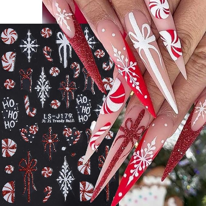 Christmas Nail Art Stickers Glitter Snowflake Candy Self-Adhesive Xmas Nail Decals Nail Art Supplies 6PCS Red Gold Glitter Xmas Tree Bow French Tip HOHO Design Christmas Stickers for Nails Decoration
