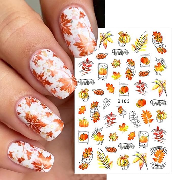 8 Sheets Thanksgiving Nail Decals 3D Self-Adhesive Autumn Pumpkins Nail Art Stickers Thanksgiving Maple Leaves Turkey Nail Art Decals Fall Maple Leaf Nail Stickers for Women Girls Nail Design Supply