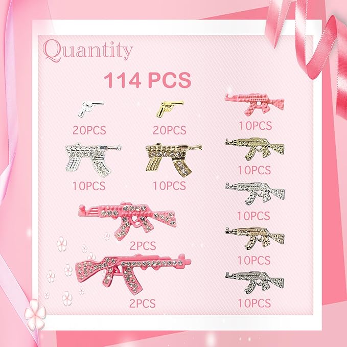 114PCS Gun 3D Nail Charms for Acrylic Nails, Gold Silver Alloy Nail Gems Small Pistol Machine Gun Nail Accessories, Nail Rhinestones for Nail Art Supplies Manicure Craft DIY
