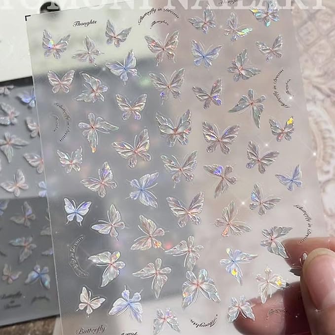 6 Sheets Butterflies Nail Art Stickers, 3D Self-Adhesive Shining Aurora Shell Nail Decals for Women, Laser Butterfly Design for DIY Nail Supplies Decoration