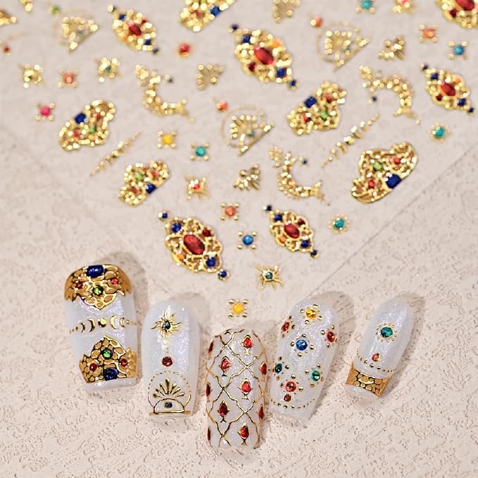 Gold Nail Stickers for Nail Art Self-Adhesive Bohemia Totem Vintage Luxury Nails Design 5D Nail Art Stickers Gold Colorful Diamond Nail Decals for Women Nail Supplies Accessories 1Sheets