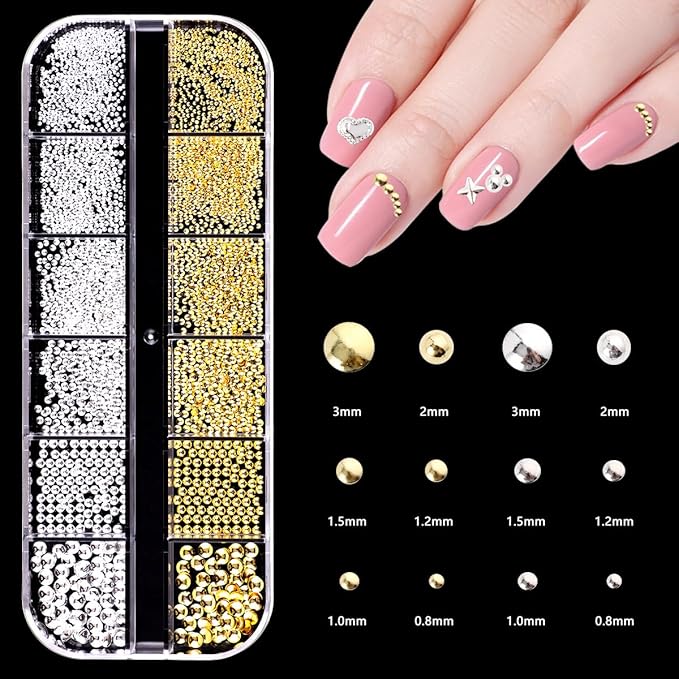 0.8mm Caviar Beads for Nails 6 Sizes Mini Small Stainless Steel Nails Art Decorations Gun Grey Beads DIY Tool Flatback Studs Accessories Gold Charms for Nails Small Gems Variety Pack (Copper)
