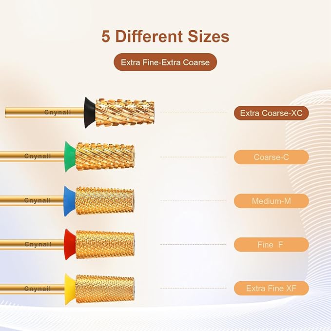 3/32" Large Tapered Barrel Flat Bit Tungsten Carbide Nail Drill Bit Safety Bit for Gel & Acrylic Removal, 2- Way Rotating Efile Tip, Salon Electric File Accessory (XC Girt, Gold)