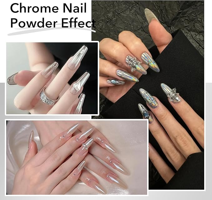 Chrome Nail Powder White And Silver 4 Colors Holographic Pearlescent Chrome Nail Powder Nail Art Glitter, Shiny and Long Lasting for Nail Art Decoration