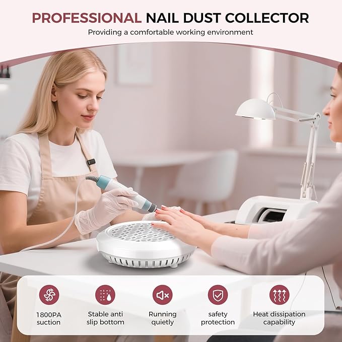 Nail Dust Collector for Nail Tech & Acrylic Nail Polishing - 8000RPM Ultra-Quiet, 1800PA Suction with Magnetic Washable Filter, Portable for Salon, Home DIY & Crafts