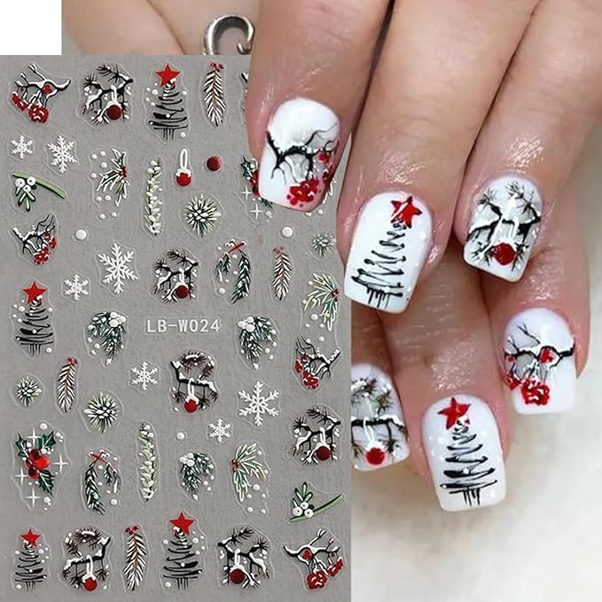Christmas Nail Art Stickers Winter Nail Decals Snowflake Nail Stickers for Nail Art Cedar Green Red Christmas Tree Design 3D Self Adhesive Nail Sticker for Women Decor Holiday Accessories 4 Sheets