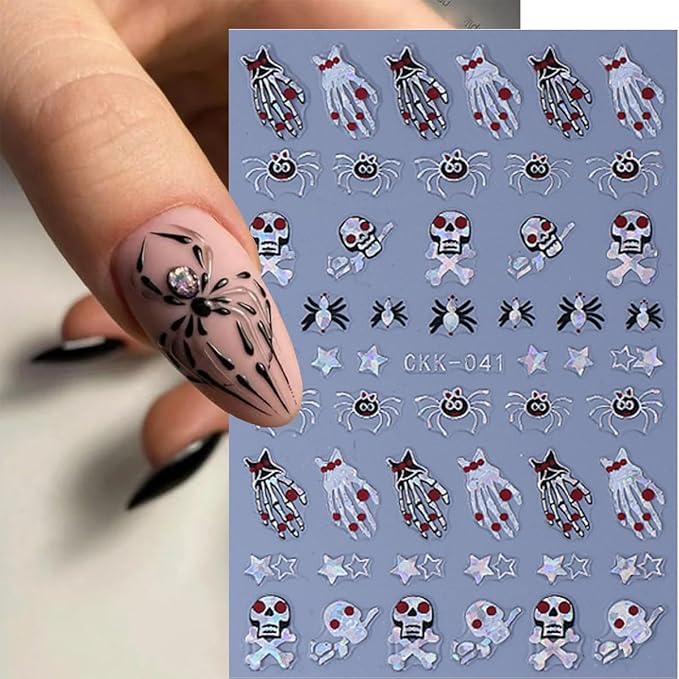 6Pcs Halloween Nail Stickers 3D Horror Skeleton Nail Decals Self Adhesive Snake Ghost Blood Hand Bone Knife Design Goth Nail Art Sticker Laser Skull Spider Nail Supplies for Women DIY Holiday Manicure