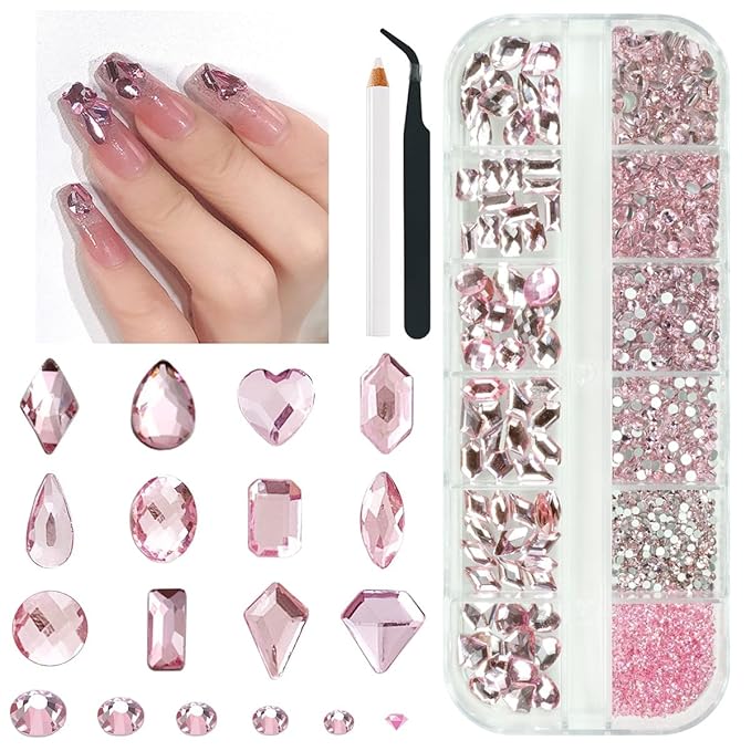 2052Pcs Pink Nail Rhinestones Light Pink Rhinestones for Nails 72 Multi Shapes Big Gems +1980 Flatback Round Beads K9 Glass Crystals Diamonds Jewels Nail Charms Nail Art for Nails Faces Makeup