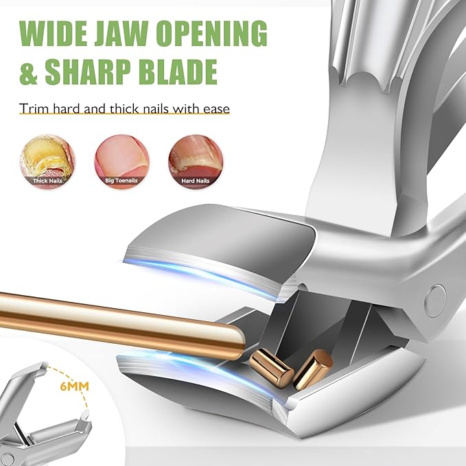 Toenail Clippers for Seniors Thick Toenails, Angled Head Large Toe Nail Clippers for Men with Wide Jaw Opening, Sharp Heavy Duty Fingernail Clipper Cutter with Catcher Long Handle - Silver