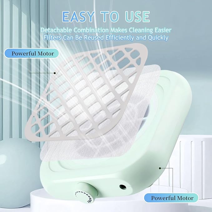 Mini Nail Dust Collector, Compact Nail Vacuum Fan Dust Collector for Beginner with 30PCS Filter Pads, Powerful Dust Suction Machine for Acrylic Nail Polishing Salon Home, Plug-in (Green)