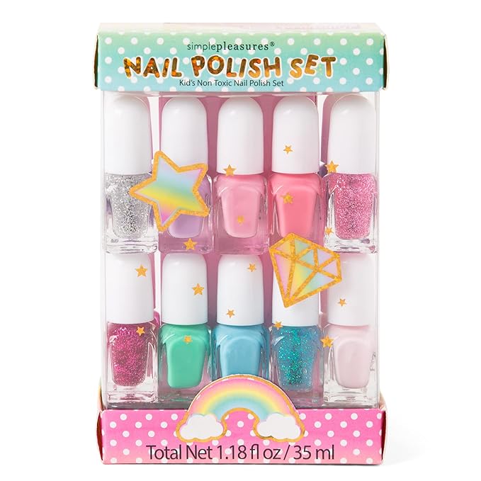 SIMPLE PLEASURES Unicorn Glitter Kids Nail Polish Set for Girls – 14 Water-Based Non -Toxic Nail Art Kit - Gift Set for Girls Ages 7-12