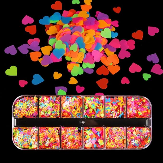 Fluorescent Glitter Nail Art Sequins, Holographic 3D Glitters Flakes Design, Love Heart Butterfly Flowers Letters Stars Circle Supplies for Women Manicure Charms Decorations DIY Resin Nail Art Tips