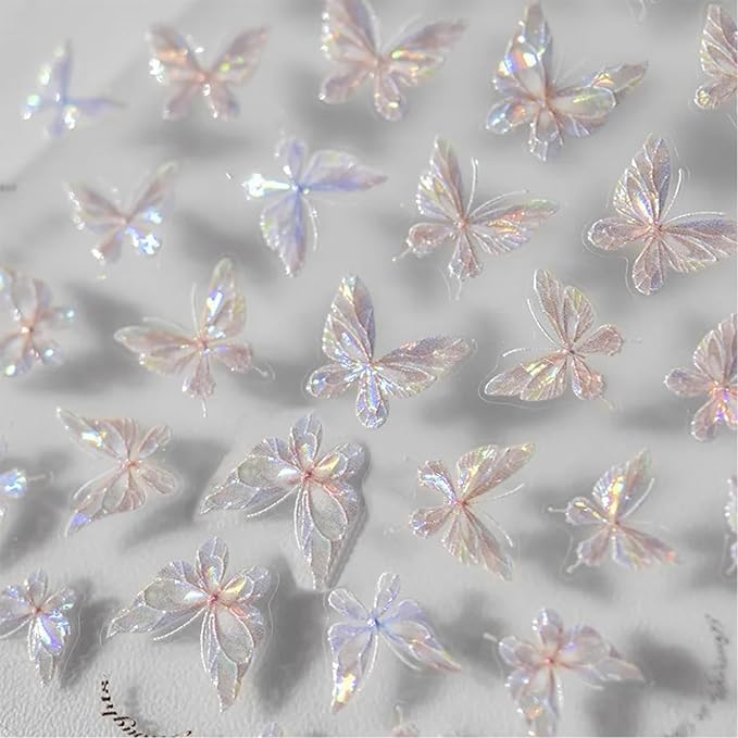 6 Sheets Butterflies Nail Art Stickers, 3D Self-Adhesive Shining Aurora Shell Nail Decals for Women, Laser Butterfly Design for DIY Nail Supplies Decoration