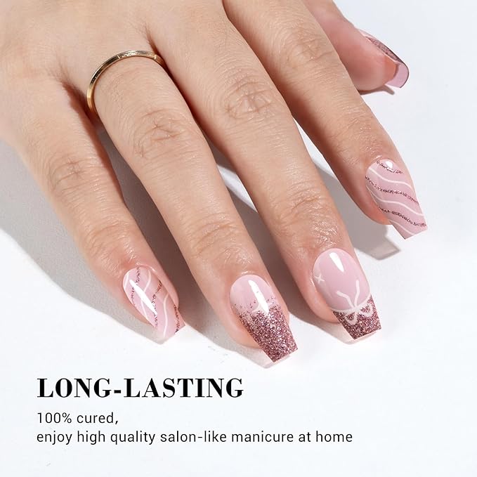 MelodySusie 30PCS Semi Cured Gel Nail Strips (Sweetie Pink Glitter), Works with Nail lamp, Salon Quality, Long Lasting, Easy to Apply and Remove, Includes 2 Prep Pads, Nail File and Wooden Stick
