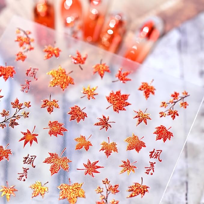 1 Sheets Fall Nail Stickers for Nail Art 5D Embossed Thanksgiving Nail Art Stickers Red Shiny Maple Leaf Nail Decals Self-Adhesive Autumn Holiday Nail Designs for Women Manicure Decoration Supplies