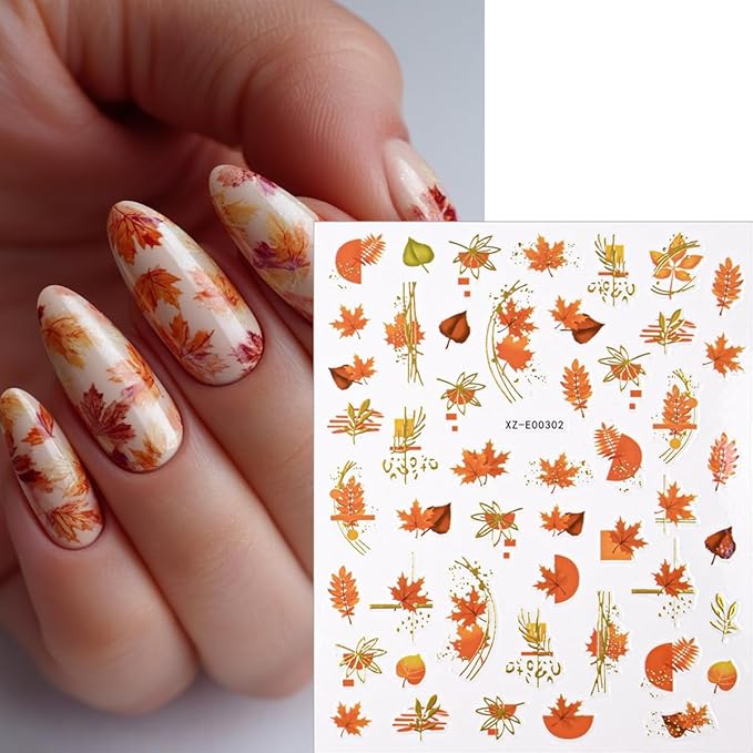 6 Sheets Thanksgiving Day Nail Stickers for Nails Art Fall Nail Decals Self-Adhesive Maple Leaf Nails Art Design Supplies Sticker Acrylic Manicure Tips Decoration Stickers for Women Autumn Nails DIY