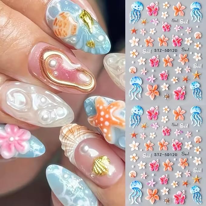 Summer Flower Nail Art Stickers Decals Jellyfish 5D Embossed Nail Decals 2PCS Flowers Starfish Jelly Design Summer Nails Adhesive Sliders Flower Sticker for Nails Women DIY Manicure Decorations Supply