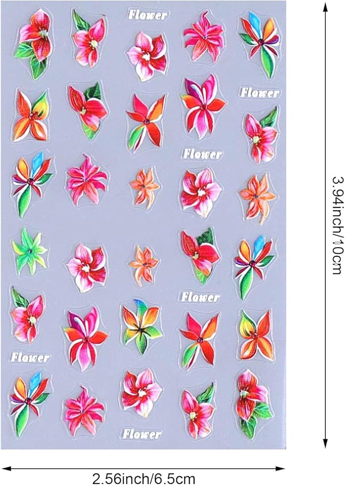 Tropical Flower Nail Art Stickers, Self-Adhesive Floral Decals, Colorful Summer Design for DIY Nail Decorations, 6 Pieces
