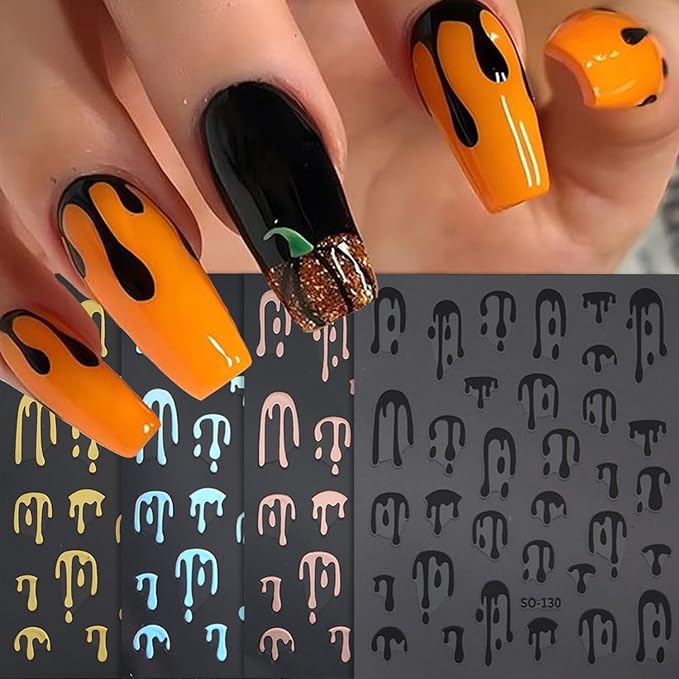 4pcs Halloween Nails Art Stickers -3D Self-Adhesive Nails Supply Black Gold Rose Gold Blood Dropping Design Y2K Scary Blood Nail Decals Sliders Halloween Laser Sliver Bloody DIY Manicure Decor
