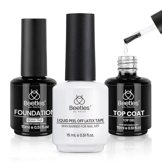 Beetles 3Pcs 15ml Gel Polish Top Coat Base Coat and Liquid Peel Off Latex Set No Wipe Base Top Coat Soak Off Uv LED Nail Lamp Finish Nails Cuticle Guard Nail Art Design Manicure Kit Nail Shine Gifts