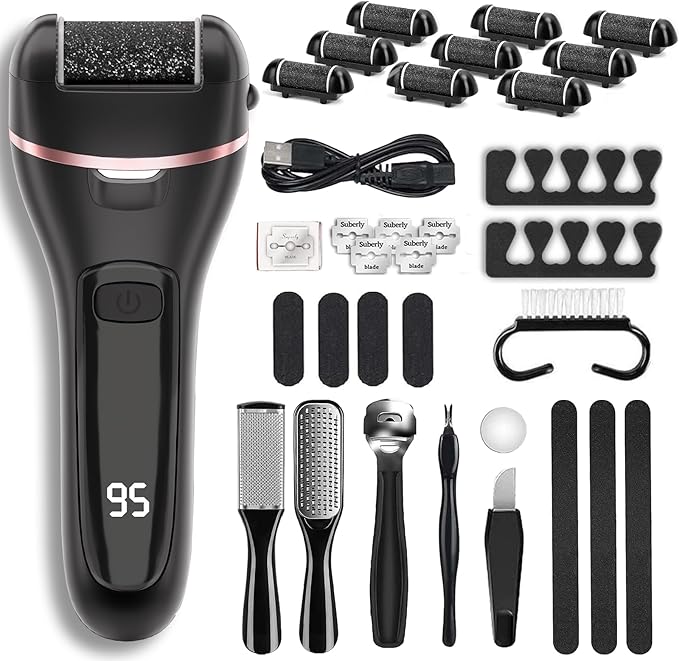 Electric Callus Remover for Feet with 9 Roller Heads 2 Speed Rechargeable Waterproof Professional Pedicure Kit 30 in 1 Foot File Tools Perfect for Dead Hard Cracked Dry Skin