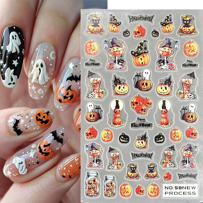 6 Sheets Halloween Nail Art Stickers Gothic Ghost Nail Decals Skull Pumpkin Spider Nail Design Horror Nail Stickers 3D Self-Adhesive Acrylic Nail Art Supplies for Women Girls DIY Halloween Manicure