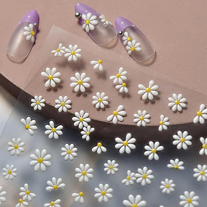 Flower Nail Stickers Self-Adhesive 5D Embossed Jelly Sliders Floral Petals Nail Art Stickers Decals Spring Summer White Daisy Floral Nail Design Stickers for Women Girls Manicure Decoration 1 Sheet