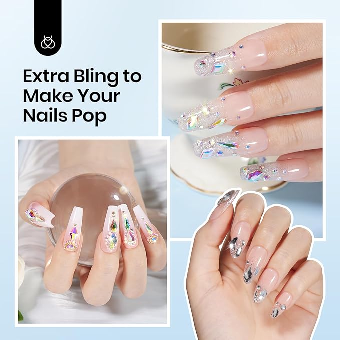 Beetles Gel Polish Nail Glue with Nail Gems Set, 15ml Nail Rhinestone Glue &120+2000Pcs Crystal Glass AB Rhinestones for Nails Art, Nail Gems with Double-Ended Clean Up Nail Brush Gifts for Girls