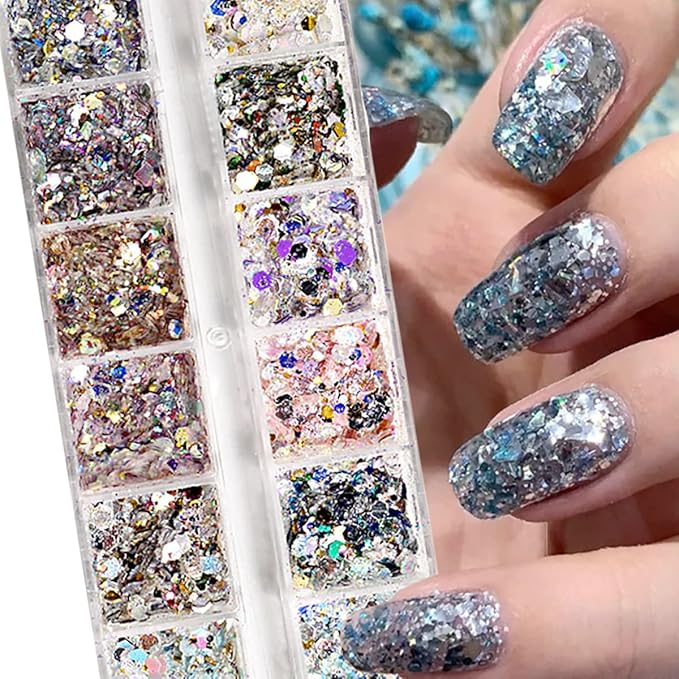 12 Colors Holographic Nail Art Glitter Sequins Chameleon Nail Sequin Hexagon Crafts Stickers Flake Nail Glitter Laser Mermaid Hexagon Confetti Glitters Design Nail Art Decoration for DIY Nail Charms