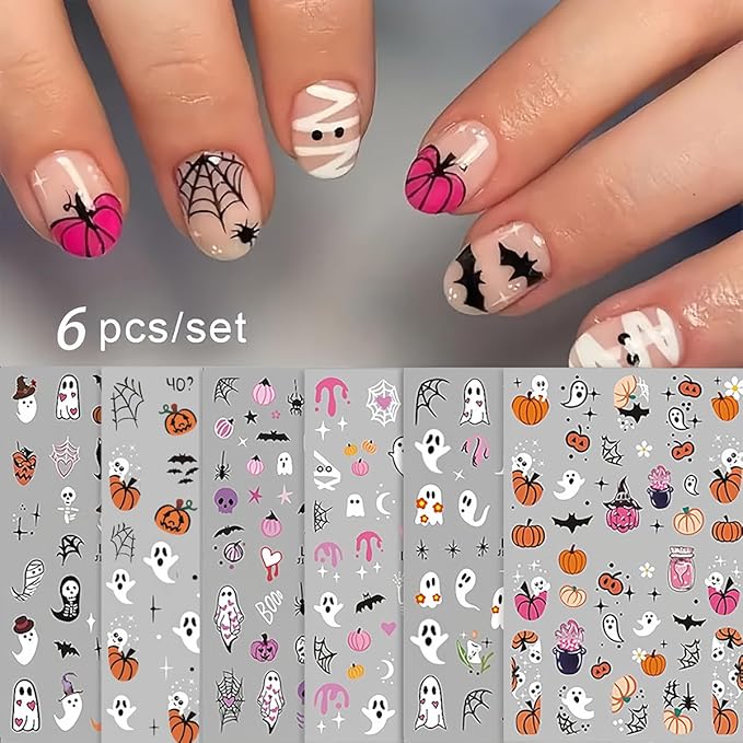 Halloween Nail Stickers for Nail Art, Ghost Nail Decals Cute Ghost Skull Spider Web Bat Pumpkin 3D Self-Adhesive Sticker Nail Art Design Holiday Manicure Decoration Supplies Nail Art Stickers 6 Sheets