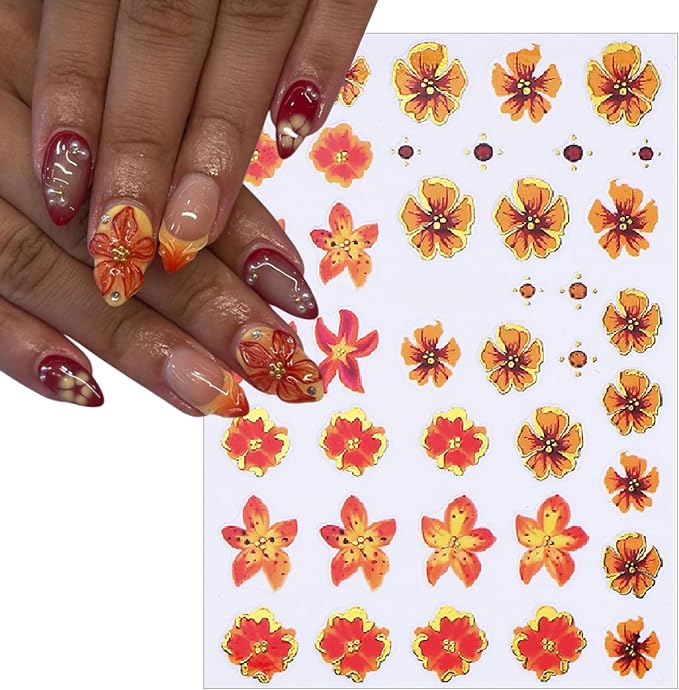 Hawaiian Flowers Nail Stickers 5D Embossed Lily Flower Stickers for Nails Hibiscus Floral Decals Leopard Floral Nail Design Pegatinas para Uñas for Women Girls DIY Manicure Decorations 4 Sheet