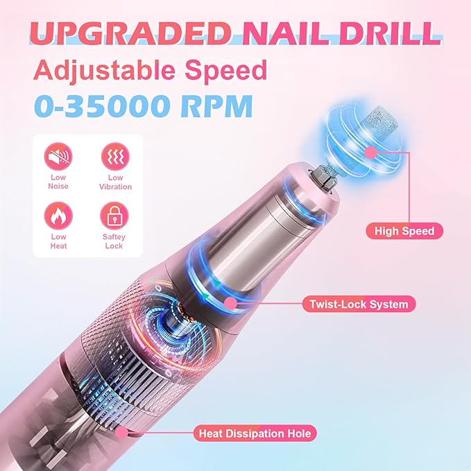 Nail Drill Professional, 35000 RPM Cordless for Acrylic Nails, Electric Nail Drill Machine with Bits, Portable Rechargeable Nail File Manicure for Salon & Home (Multicolor)