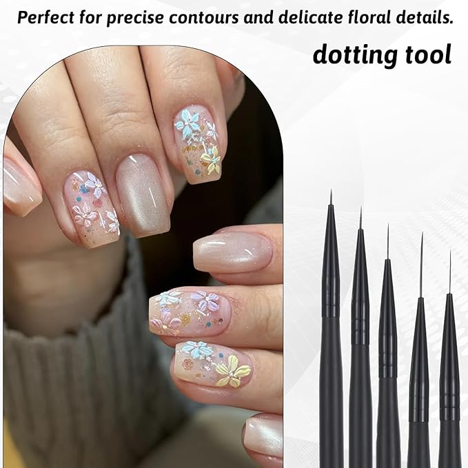 5Pcs Nail Dotting Liner Tools Double-End Nail Art Brushes Kit Nails Art Gel Polish Liner Brushes Dotting Pen Tools Painting Arts Design Brush Set for Long Lines, Thin Details, Fine Drawing Black