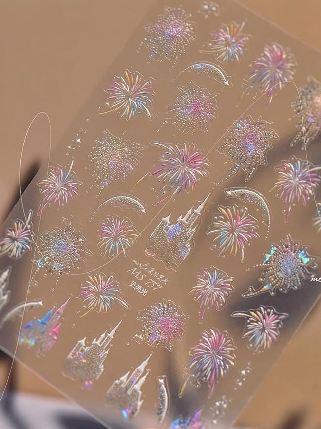 Fireworks Nail Stickers 5D Embossed – Premium Salon-Quality Nail Charm Accessories, Easy Application & Self-Adhesive Pink Festival Theme Park Sticker, DIY Manicure, Nail Art, Press on, Home or Salon