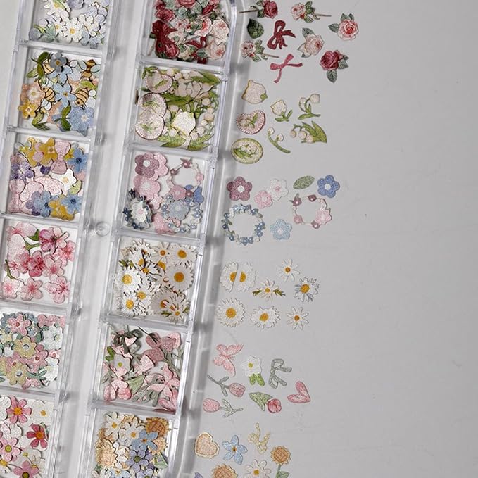 300Pcs 3D Flower Nail Art Charms Sequins Decals Colorful Mixed Flowers Leaves Butterfly Design Slice Nail Flowers Ultra Wood Pulp Flakes Sequins