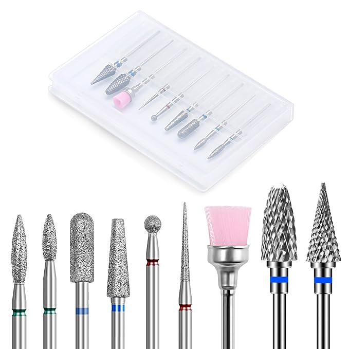 Nail Drill Bits Set, 9PCS Cuticle Cleaner & Carbide Bits for Acrylic Nails, Manicure Pedicure Remover Tools, Professional Nail Salon Supplies, fresas para drill nails - 3/32" Shank
