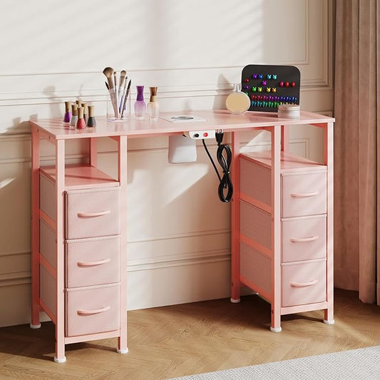 Manicure Table Nail Desk for Nail Tech, Nail Beauty Table w/Electric Dust Collector & 6 Storage Drawers & Open Shelves for Home, Workshop, Makeup Beauty Salon Workstation