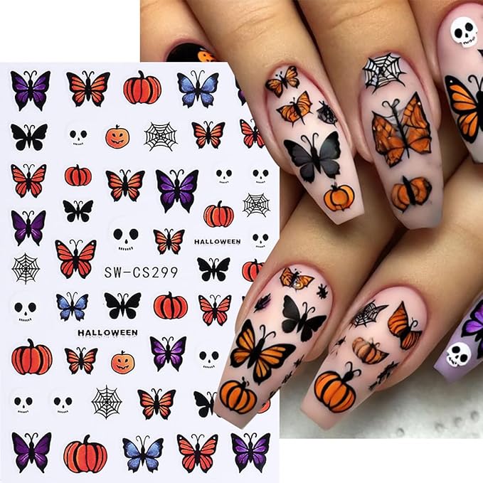 Halloween Nail Art Stickers Decals Skull Bat 3D Self-Adhesive Nail Decals Nail Art Supplies 6PCS Spider Web Butterfly Pumpkin Halloween Nails Design Manicure Sliders for Women DIY Nail Decorations