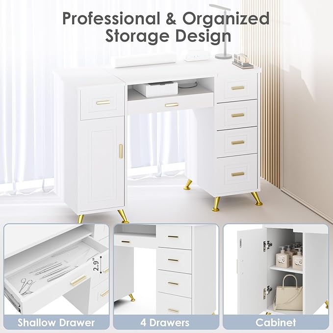 Manicure Table with Removable Panel, Nail Tech Desk with Dust Collector, Drawers & Storage, Nail Station for Salon or Home Studio (White)