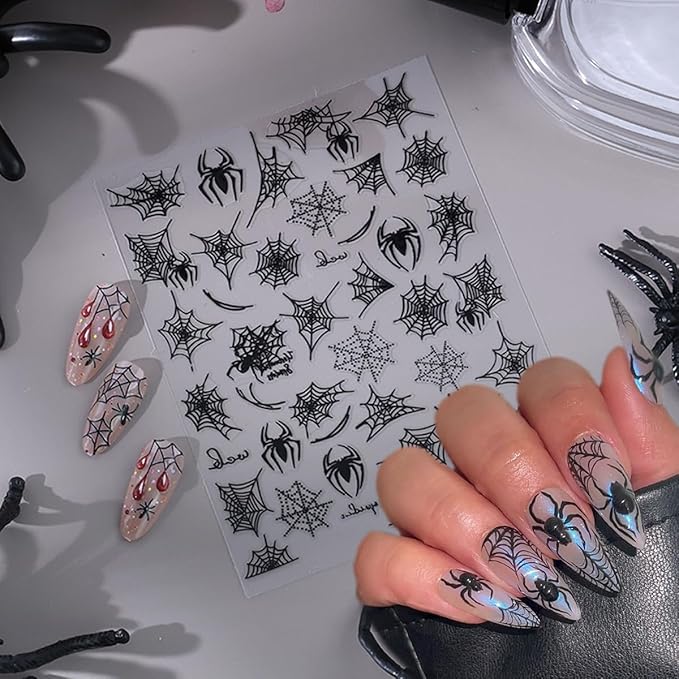 4 Sheets Halloween Nail Stickers for Nail Art Black White Spider Web Nail Decals 3D Self-Adhesive Spider with Red Rhinestones Nail Design Decals Goth Halloween Holiday Nails Supply for Women Manicure