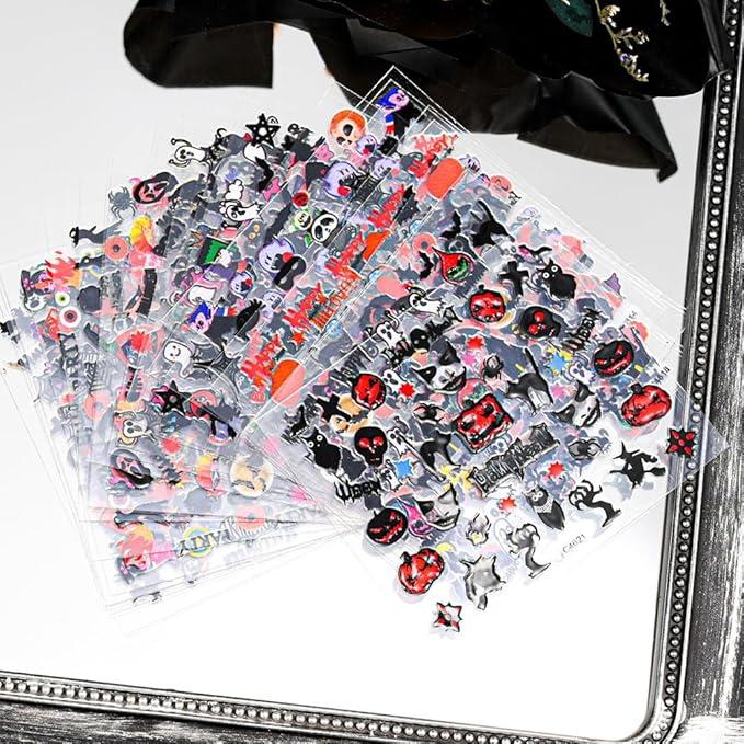 24 Sheets Halloween Nail Stickers Pumpkin Ghost Face Nail Decals 3D Self-Adhesive Nail Supplies Spider Web Cat Bat Nail Art Stickers for Acrylic Nails for Women Kids DIY Manicure Decorations
