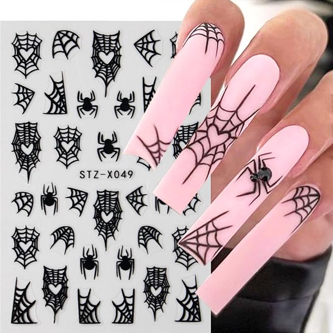 6Pcs Halloween Nail Art Stickers Decals Black Red Spider Nail Stickers with Rhinestones Design Heart Spider Web Nail Decals 3D Bat Blood Moon Star Horror Halloween Stickers for Women Manicure Supplies