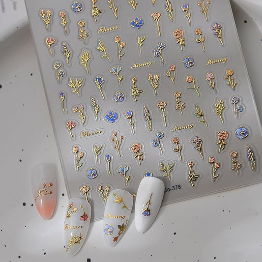 Flower Rose Nail Art Stickers Decals,Spring Flowers Nail Stickers for Nail Art,Metallic Small Floral Nails Design Gold Flower Stickers for Spring Manicure Supplies for Women Accessories Decoration