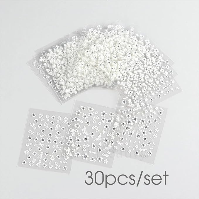 30 Sheets White Flower Nail Art Stickers with Rhinestones Designs - 3D Self Adhesive Nail Decals for Women & Girls