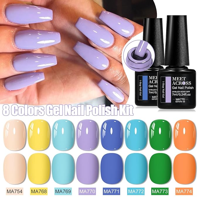 MEET ACROSS 1 Step Gel Polish Set Nail Art Manicure 3 in 1 Gel Kit Soak Off LED Gel Nail Varnishes No Need base gel top coat (Set-2, 8PCS)