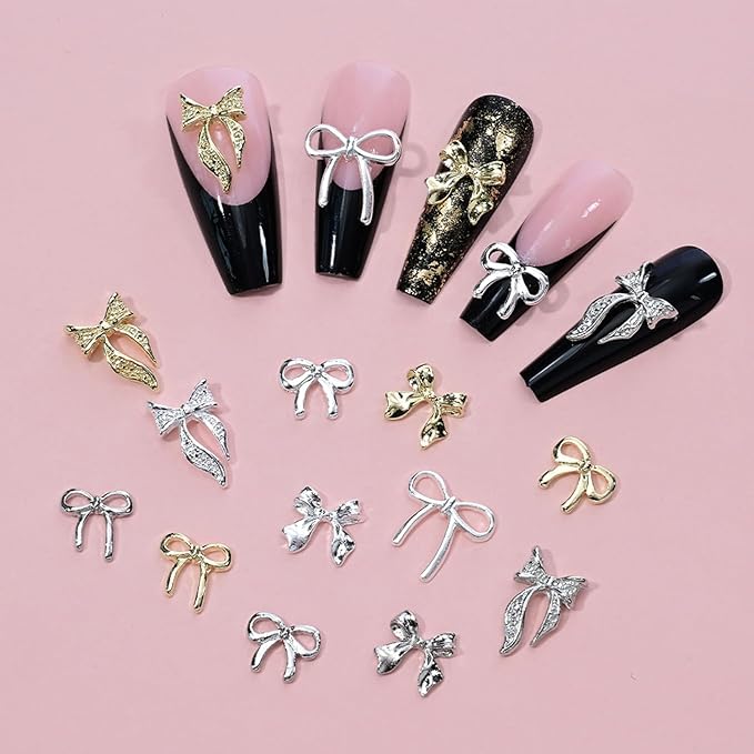96Pcs/Box 3D Metal Bow Nail Art Charm Gold/Silver Alloy Bows Nail Charm for Nails Art 3D Alloy Bow Tie Jewelry Nail Rhinestone Kawaii Nail Crafts Decor DIY Accessories Manicure Designs Supplies