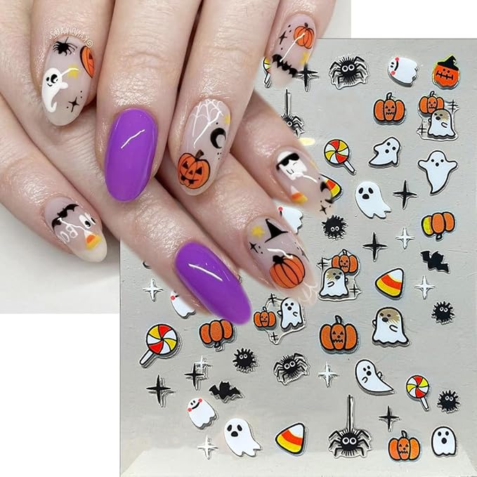 4Pcs Halloween Nail Art Stickers 3D Self Adhesive Cute Spider Ghost Nails Decals Bat Spider Web Maple Leaf Pumpkin Design Fall Nail Stickers Holiday Nails Supplies for Women Halloween Manicure Decor