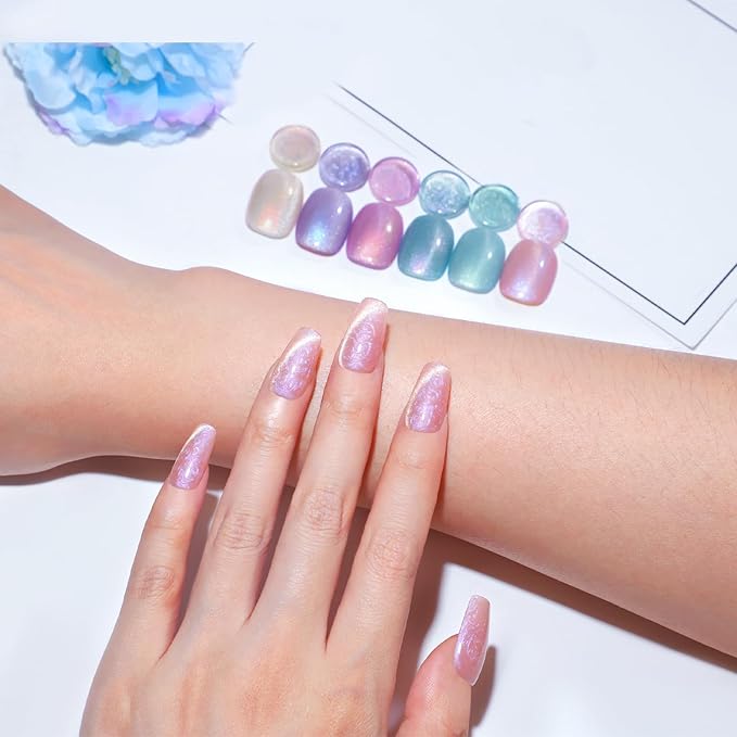 Peacecolor Cateye Gel Polish Shimmer Pearl Nail Polish with Magnet Pink Purple Blue Glitter 6 Colors Cat Eye Magnetic Nail Polish Iridescent Chrome Mermaid Drawing Swirl Shell Thread Effect DIY Gifts
